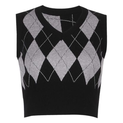 Knitted V-Neck Plaid Sweater - Image 2