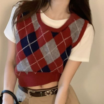 O-neck Plaid Sweater Vest