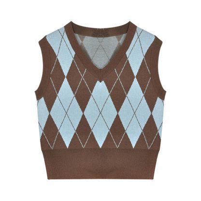Knitted V-Neck Plaid Sweater - Image 4