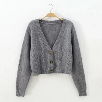 V-Neck Cropped Knit Cardigan - Image 3